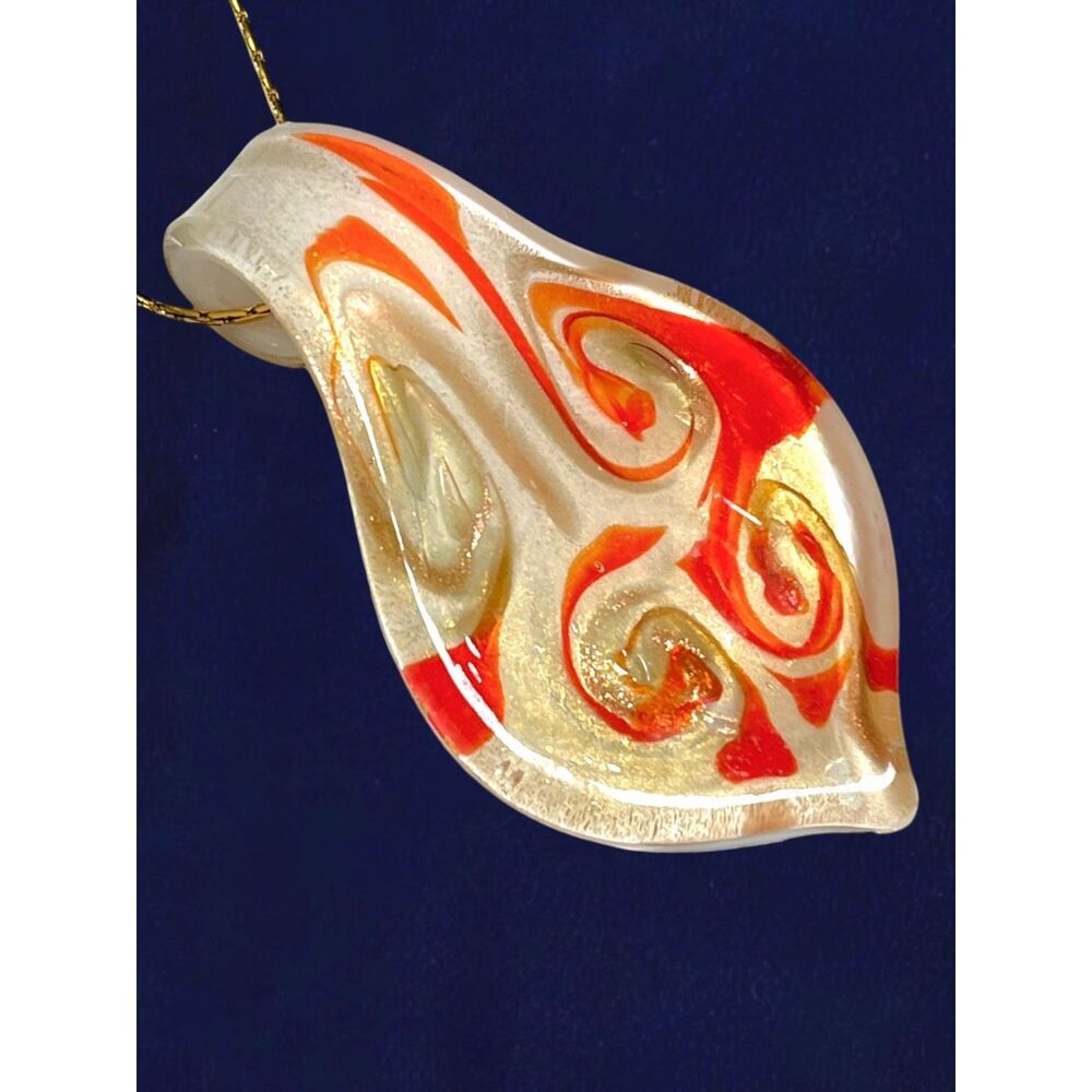 Leaf Shaped Art Glass Pendant Necklace Orange Swirl Gold Tone Shimmer Artisan